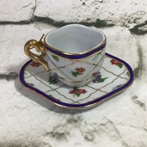 Miniature Teacup And Saucer Christmas Ornament Blue Gold Trim Oval Shape  - £11.64 GBP