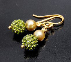 Olive Green Earrings, Pearl Earrings, Swarovski Crystal Pave Jewelry - £15.69 GBP