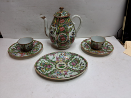 Rose medallion tea set with six pieces teapot two cups two plates small ... - £235.35 GBP