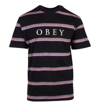 OBEY Men&#39;s Black Purple Coral Teal Striped S/S T-Shirt - £14.22 GBP