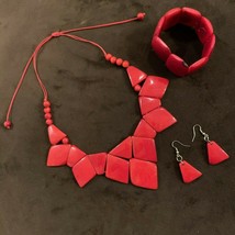 New Red Tagua Nut Necklace, Earrings Bracelet, Necklace Set - £49.84 GBP