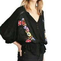 Free People Serafina Black Crochet Lace Floral Embroidered Top Blouse Sz M NWT - £59.27 GBP