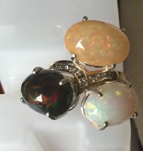 New Huge 3 stone 14 ct Ethiopian black welo, rainbow opals Diamond 14k gold ring - £5,143.06 GBP