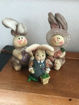 Estate Lot of 2 Paper Mache &amp; Resin Easter Bunny Rabbits with Plush Long Ears - £9.59 GBP