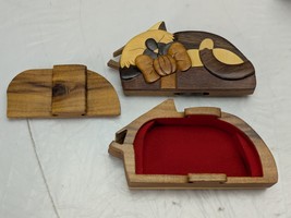 Sleeping Kitten Carver Dans Cat Solid Wood Puzzle Trinket Box Lined Vietnam - $521.34 MXN
