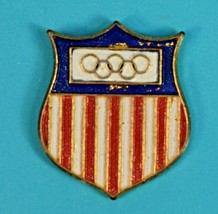 Vintage U.S.A. Olympic Shield Pin Back Red White &amp; Blue With Olympic Rings - £10.16 GBP