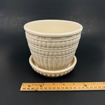 Vtg McCoy Cream Colored Beaded Ceramic Flower Pot Planter Attached Sauce... - $52.35