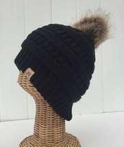 Black Knit Crochet Beanie Winter Ski Hat With Faux Fur Pom Pom &amp; Plush Lining #F - £9.02 GBP