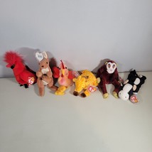 Ty Beanie Baby Plush Lot of 6 Giraffe, Cow, Monkey, Cardinal, Kangaroo, Rooster - £17.27 GBP