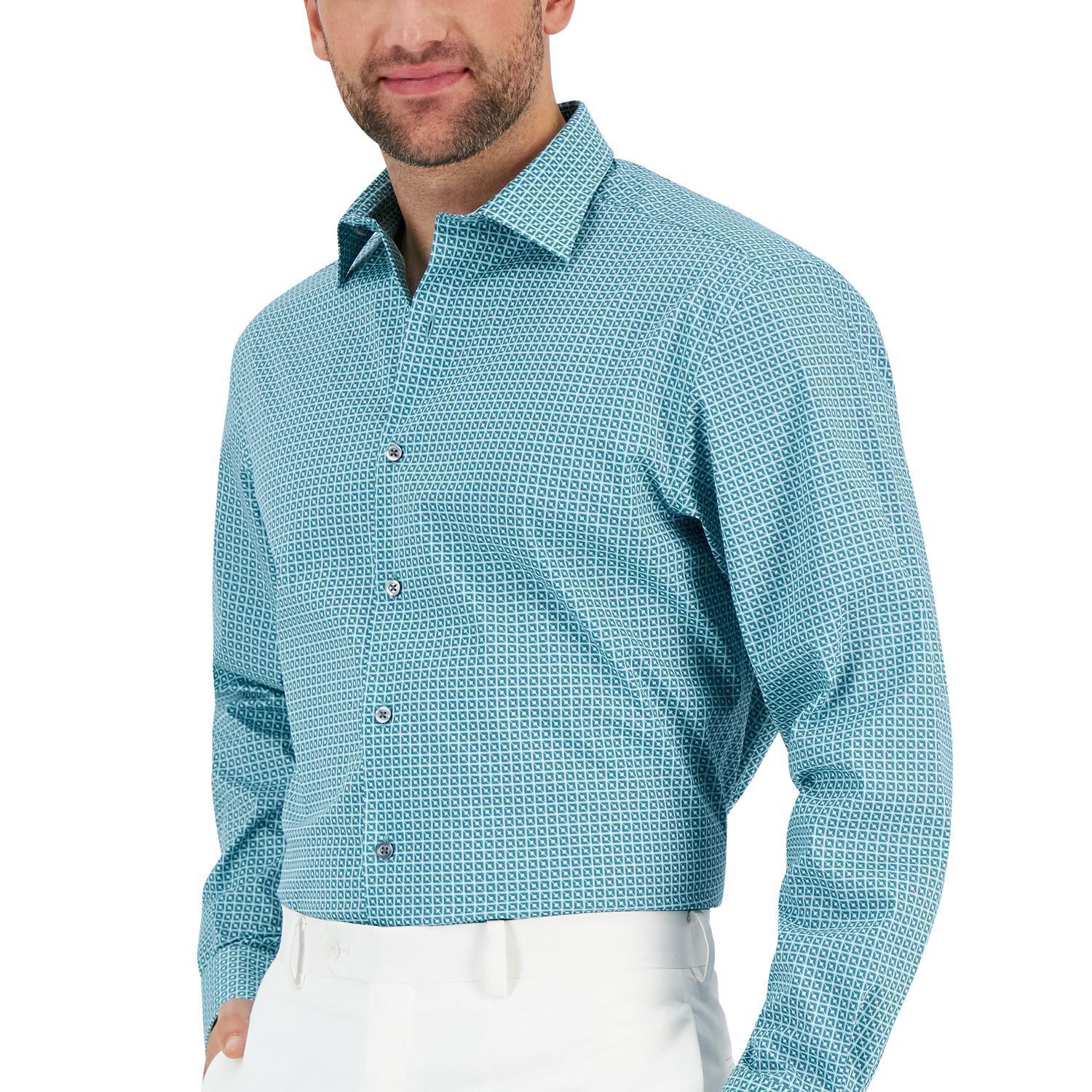Alfani Men&#39;s Regular Fit Stain Resistant Geo Print Dress Shirt Teal B4HP - $10.40