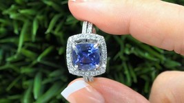 3Ct Kissen Labor Erstellt Blau Saphir Diamant Halo Ring 14k Weiß Vergoldet - £50.24 GBP