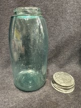 #173 Vintage Zinc Lid Atlas Mason Jar Half-Gallon Blue glass 1858 Hero Cross - £22.22 GBP