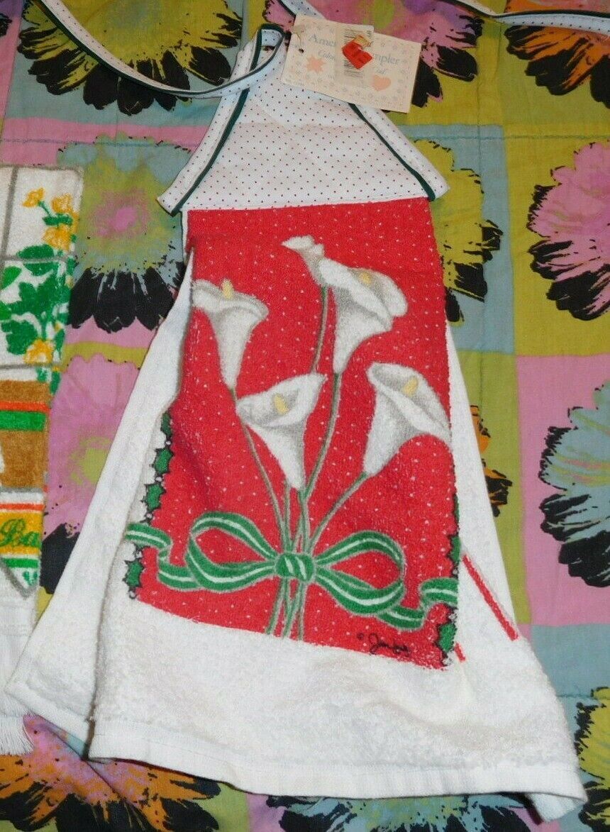 NEW OLD STOCK easter lily print AMERICAN SAMPLER CANNON TIE KITCHEN TOWEL USA M - $8.00