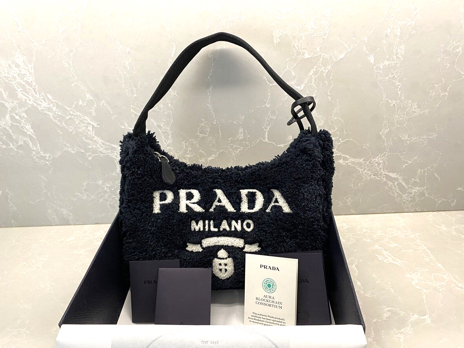 Prada Re-Edition 2000 Terry/Faux Fur  Shoulder Bag Black/White NEW Ltd. ... - $989.01