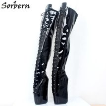 Patent Black Mid Thigh High Boots Women Ballet Wedges High Heels Lace Up Fetish  - £246.84 GBP