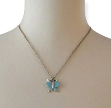 Dainty Butterfly Necklace Pendant Enameled Blue Metallic Delicate Gold Tone - £9.48 GBP
