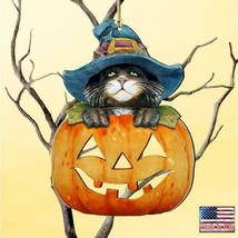 Black Cat Jack-o-lantern Halloween Birch Wood Ornament Made in USA Fall Autumn - £12.42 GBP
