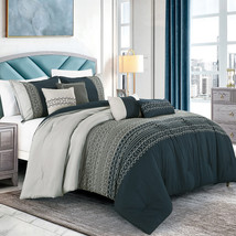 HIG 7 Piece  Grey/Blue Brushed Microfiber Embroidery Comforter Set - Queen King - £39.39 GBP