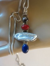 Sterling Silver Freshwater Baroque Pendant Necklace Blue Red Stone Box Chain 20&quot; - £39.56 GBP