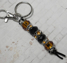 Murano Rhinestone Beaded Handmade Split Ring Keychain Hook Black Amber New - £15.85 GBP