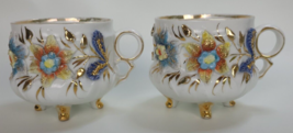 2 Antique Vintage German Porcelain Floral  Footed Cups w. Gold Detailing - £31.75 GBP