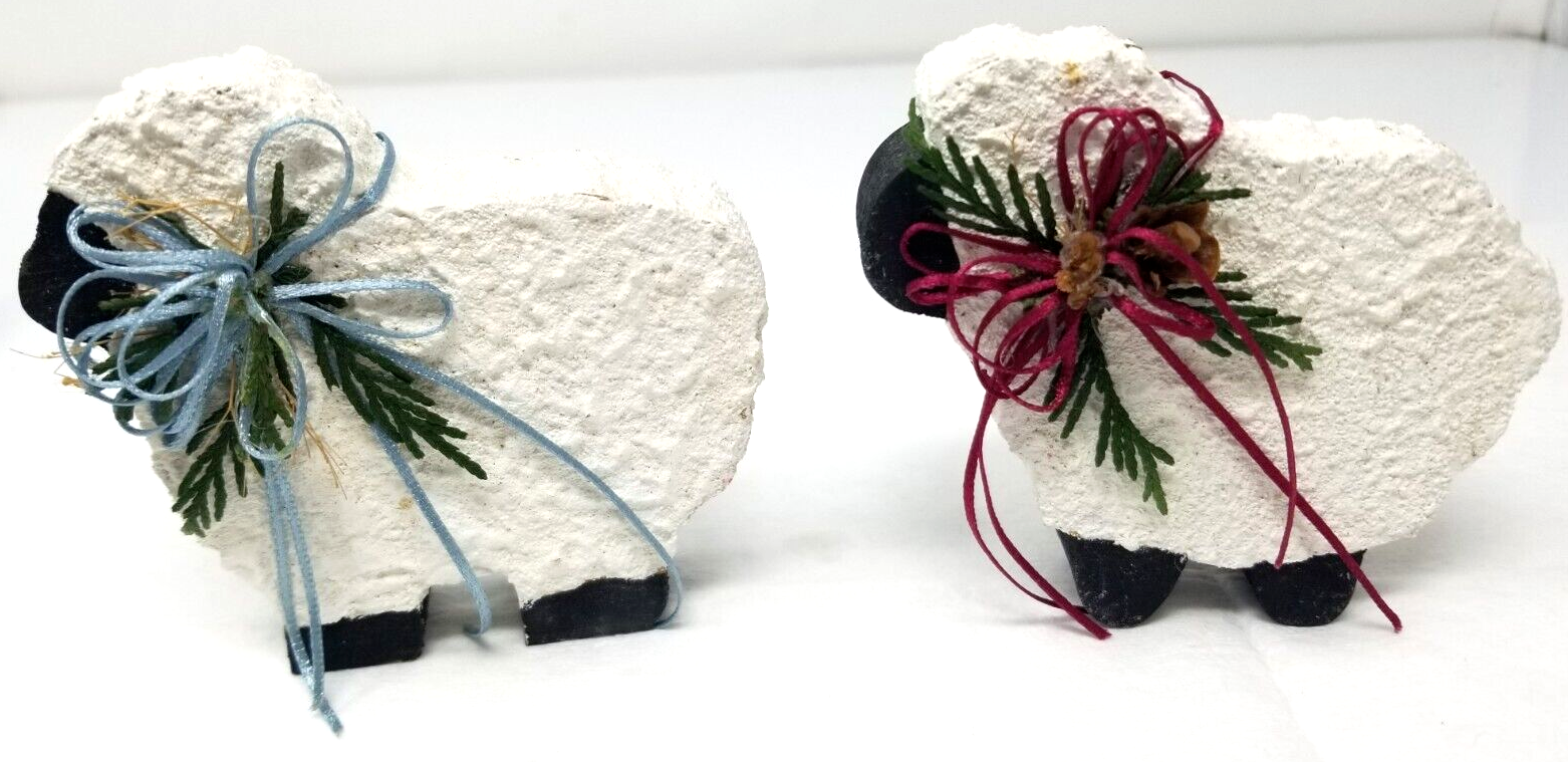 Primary image for White Holiday Sheep Figurines Bows Wood Handmade Textured Vintage