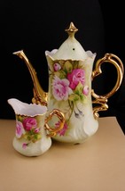 Vintage Lefton Teapot &amp; creamer - porcelain green and  pink roses - Gold trim vi - £99.55 GBP