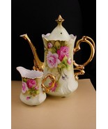 Vintage Lefton Teapot &amp; creamer - porcelain green and  pink roses - Gold... - $125.00