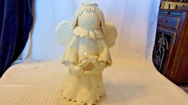 White Ceramic Angel With Wreath and Spaghetti Hair 9&quot; Tall Gloss Finish - £47.78 GBP