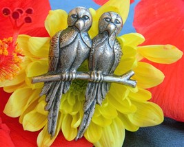 Vintage Parrot Brooch Pin 2 Love Birds Branch Sterling Silver Figural - £35.92 GBP