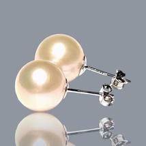 5A Outstanding Luster 10.5 - 11mm Peach Pink Round Edison Pearl Stud Earrings - $84.14