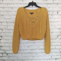 Kendall &amp; Kylie Sweater Womens Small Yellow Long Sleeve Lace Up V Neck Cropped - £17.21 GBP