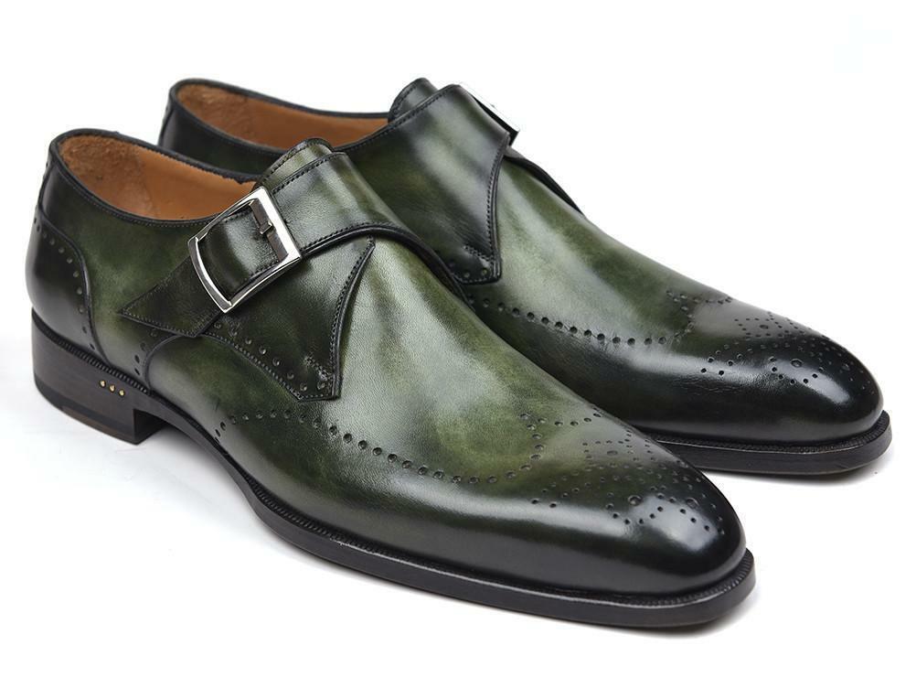 Men's Green & Black Brogues Toe Buckle Straps Monk Real Leather Shoes US 7-16