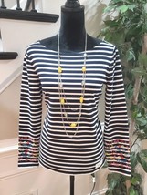 Talbots Embroidered Bateau Neck Navy Fleur Stripe Long Sleeve Tee Shirt Blouse S - £27.89 GBP