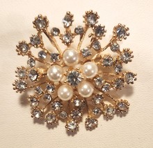 Floral Brooch Pin Faux Pearls Silver Crystal Rhinestones Gold Tone Setting - $18.95