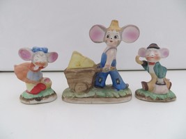 3 LOT Vintage Mice Mouse Figurine farmer cheese wheelbarrow umbrella cry... - $10.39