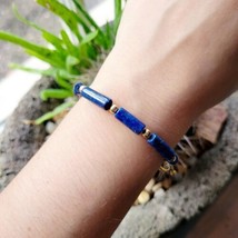 Vintage 14K GF Lapis Lazuli Egyptian Scarab Gemstone Beaded Bracelet - £43.36 GBP