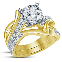 14K Yellow Gold Over 1.85Ct Round Cut Diamond Engagement Wedding Bridal Ring Set - £72.02 GBP