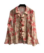 Free People Top M Sheer Floral Button Down Ruffle Lace Trim Coquette Fai... - $67.85 CAD