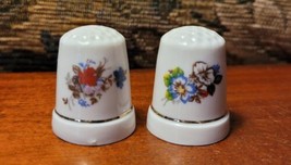 Vintage Pair of Gold Ringed Multicolored Floral Porcelain Sewing Thimbles - $9.89