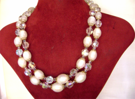 Vintage Marvella Necklace AB Crystal White Lucite Bead 2 Strand Signed - £30.37 GBP