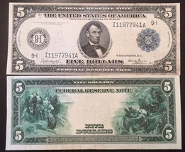 Reproduction $5 1914 Federal Reserve Note Lincoln Columbus Pilgrims Minneapolis - $3.99