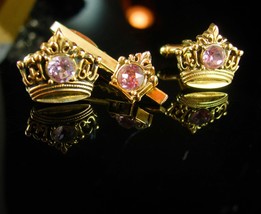 Vintage Kings Crown Cufflinks Shirt Set Gold lavender rhinestone Wedding Groom T - £74.70 GBP