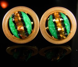 Outstanding Foil Cufflinks Dante Gold LARGE jewellery Green stripe Carved stone  - $265.00