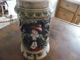 Old German Beer Stein With Ornate Ceramic Lid &amp; Embossed Forest Scene C1973 - £94.36 GBP