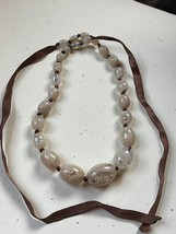 Brown Silk Ribbon Hand Knotted Tapered Cream Swirl Oval Plastic Bead Necklace – - £10.26 GBP