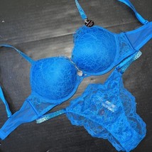 Victoria&#39;s Secret 32A,32B,32C,32D Bombshell Bra Set Neon Blue Lace Shine Strap - £71.00 GBP