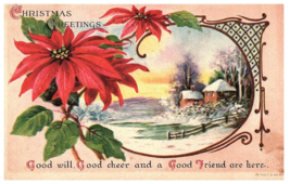 Christmas Greetings Snowy Cottage Poinsettia Wolf &amp; Co Postcard 1920 - £6.23 GBP