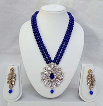 Indian Bollywood Style Blue Gold Plate Kundan Necklace Pendent Mala Jewelry Set - £15.01 GBP