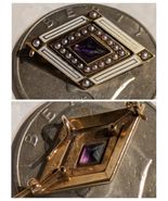 Krementz 14k Gold Amethyst Pearl White Enamel Pendant Brooch Diamond Shaped - $1,039.46